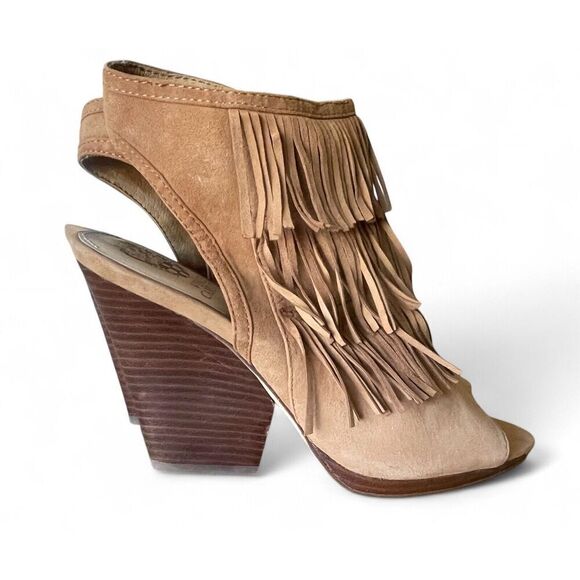 Vince Camino Jadon Women 8 Open Toe Fringe Brown   Suede Block Heels Sandals - Picture 1 of 10